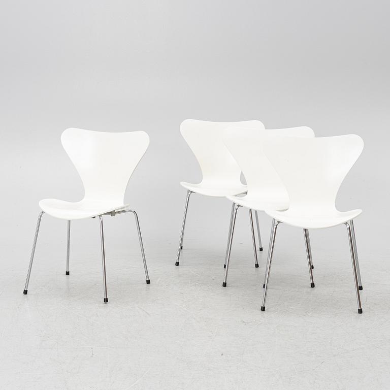 Arne Jacobsen, four 'Series 7' chairs, Fritz Hansen, Denmark, 1998.