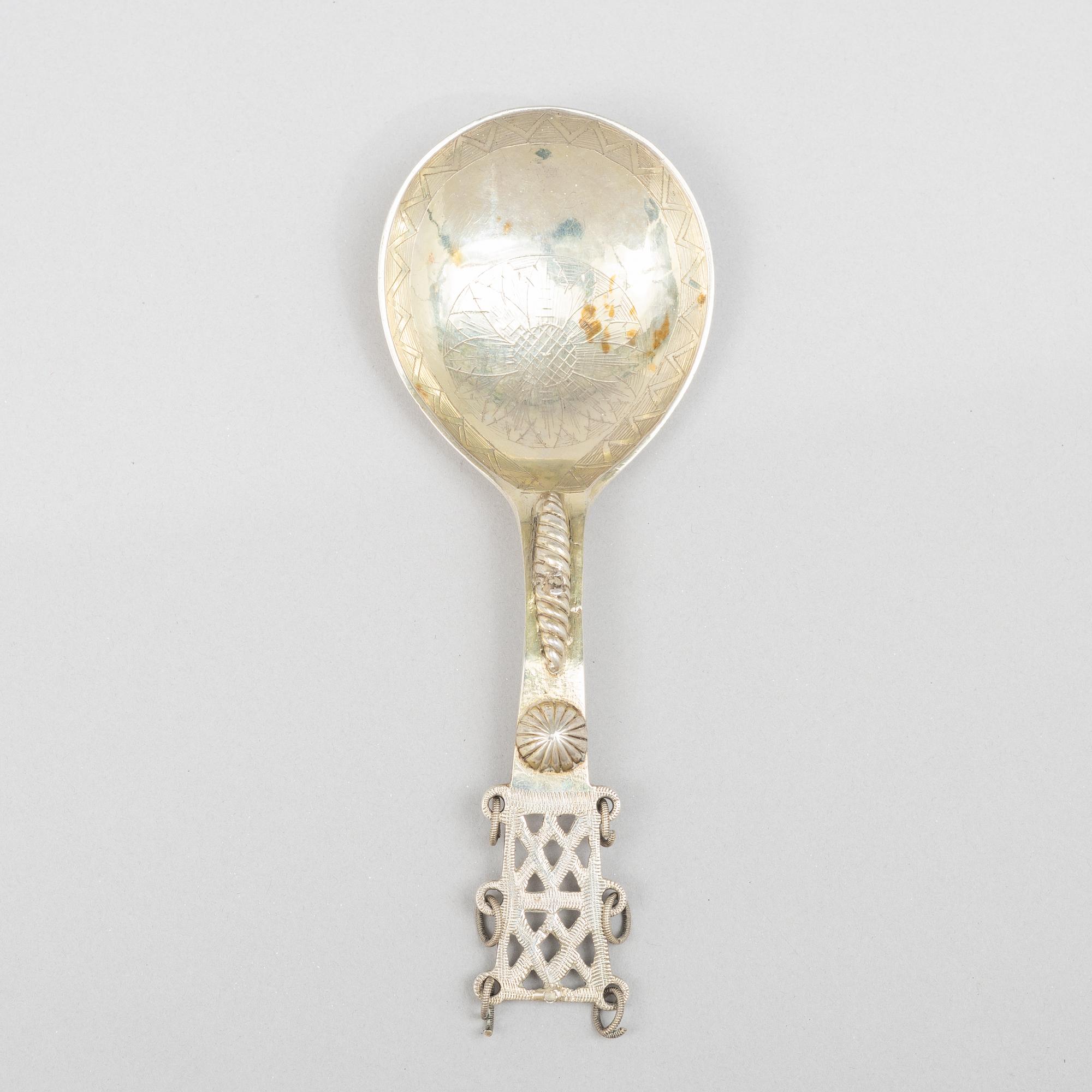 A Swedish silver spoon, possibly the mark of Michel Burman d ä Lidköping (1704-1716).