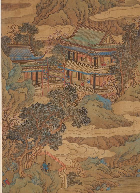 RULLMÅLNING,  flodlandskap i Qiu Yings (1494-1551) stil, sen Qingdynasti (1644-1912).