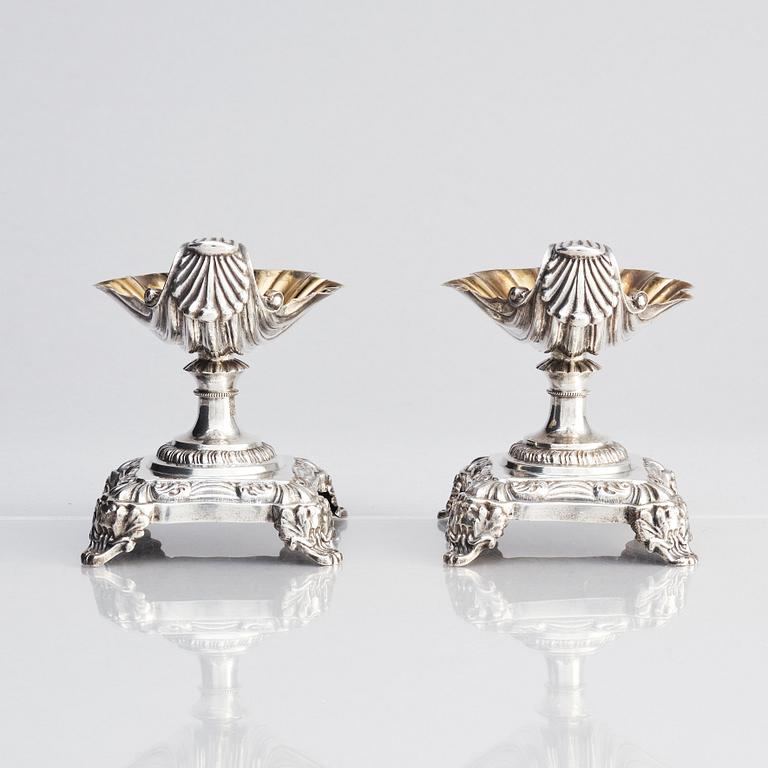 A Swedish pair of salt cellars, parcel-gilt silver, marks of Gustaf Möllenborg, Stockholm 1838.