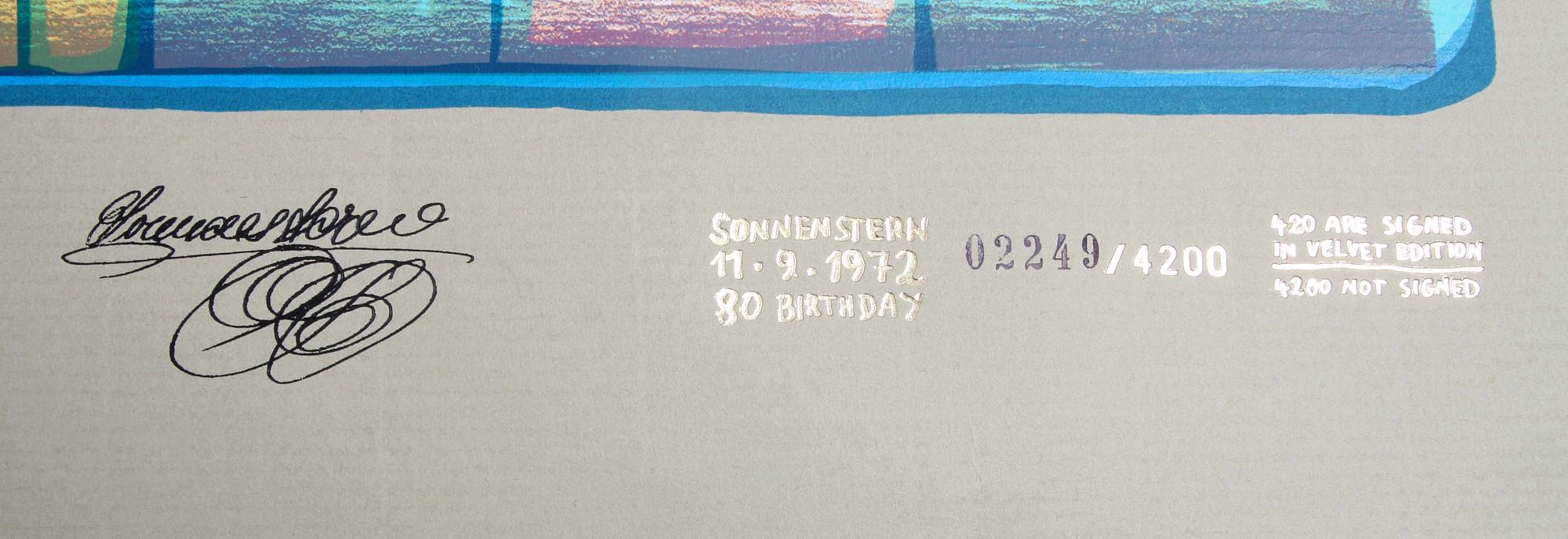 FRIEDENSREICH HUNDERTWASSER (ÖSTERRIKE), färgserigrafi med metallprägling, sign och numr 2249/4200.