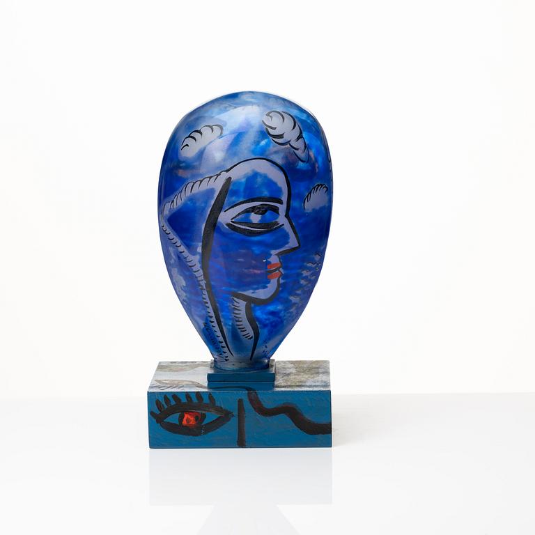 Ulrica Hydman-Vallien, a painted glass and iron sculpture of a face, Sweden.