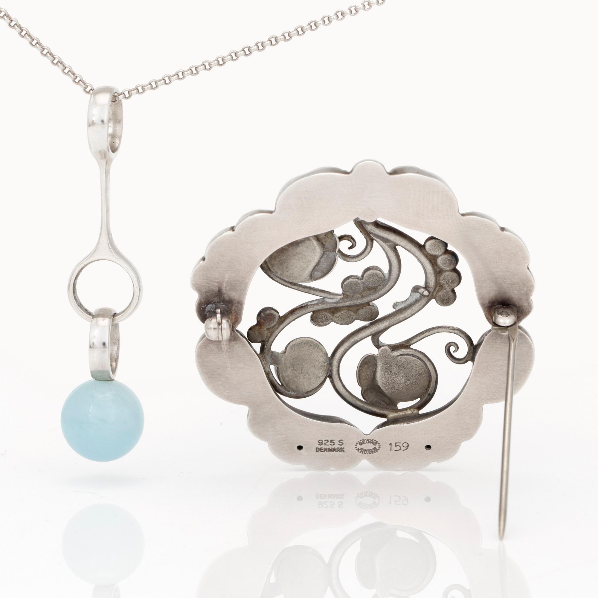 GEORG JENSEN, a 'Heritage' brooch with moonstones and a 'Sphere' necklace with aquamarine by Regitze Overgaard, silver.