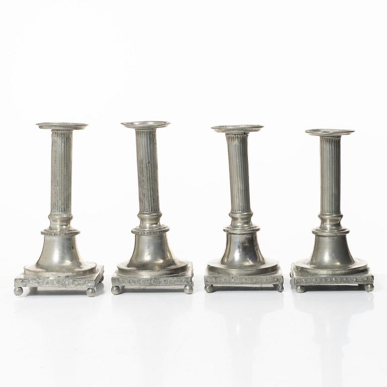 Two pairs of late Gustavian Pewter candlesticks by P. Höijer (Örebro 1796-1819).