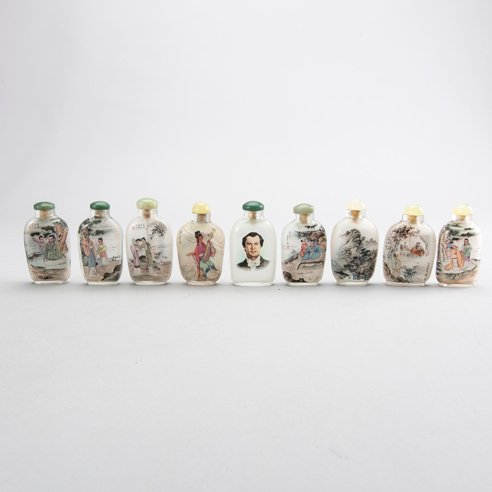 A set of nine Chinese glass snuffbottles, later part of the 20th century.