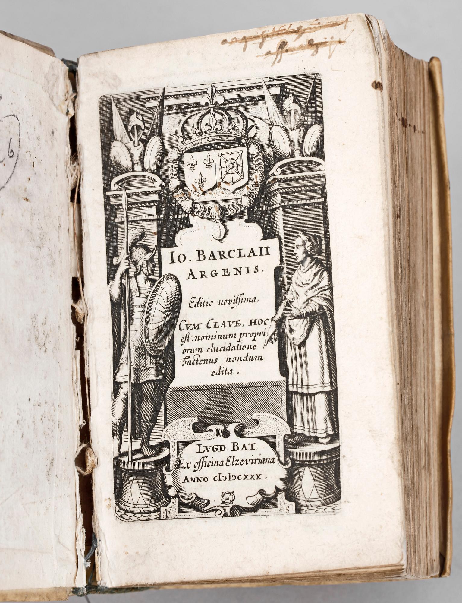 BOK, "Io Barclaii Argenis" av John Barclay, Leyden 1630.