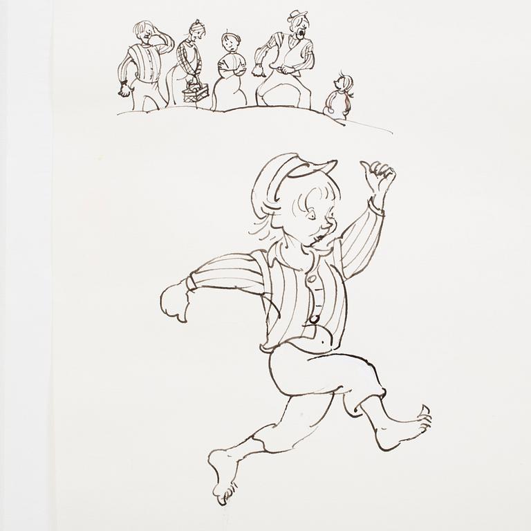 BJÖRN BERG, tuschteckning och akvarell på papper "Emil i Lönneberga".