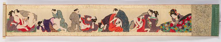 MAKIMONO/RULLMÅLNING, shunga, tusch och färg på siden. Meiji (1868-1912).