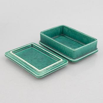Wilhelm Kåge, three stoneware vases and a box with cover, Gustavsberg.