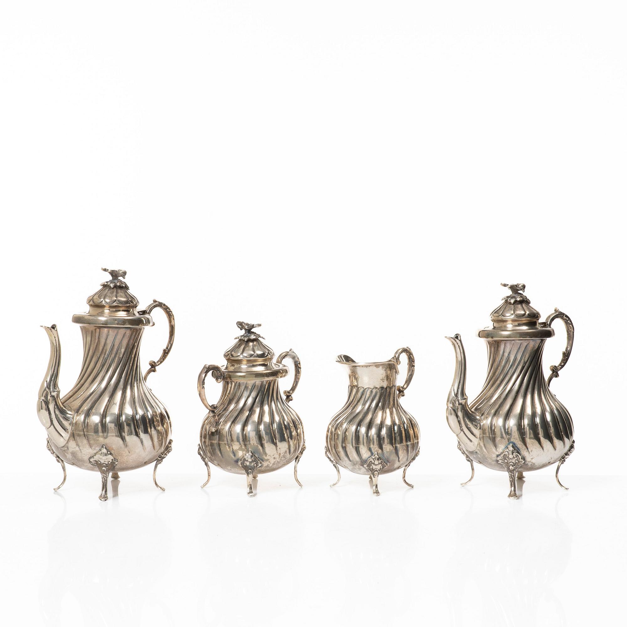 Tea/coffee service, 4 pieces, silver, Rococo style, 20th century.
