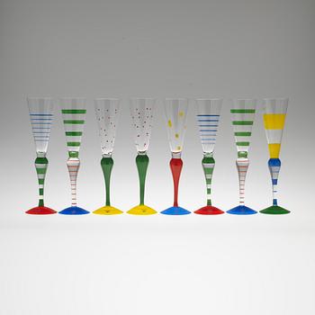 CHAMPAGNEGLAS, 8 st, "Clown", Anne Nilsson, Orrefors, signerade, 1900-talets slut.
