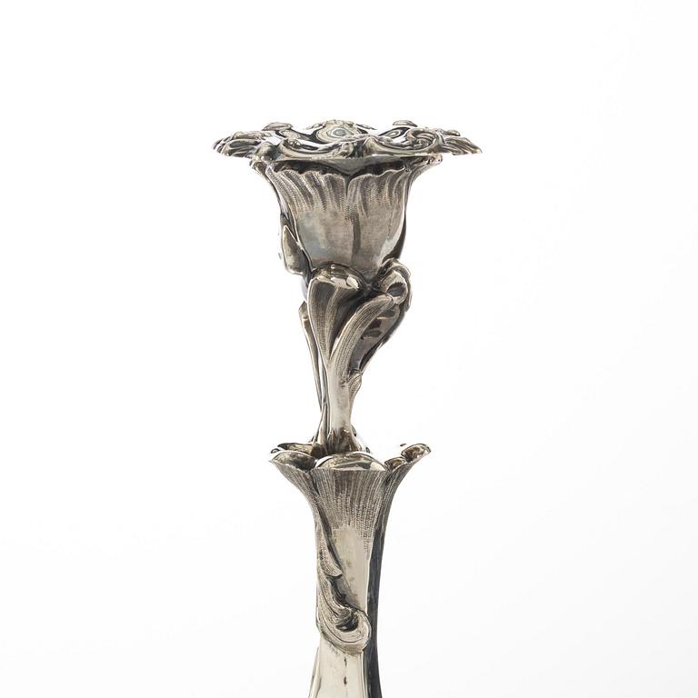 Gustaf Möllenborg, a pair of neo-rococo silver candle sticks, Stockholm, Sweden, 1855.