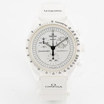 Omega/Swatch, MoonSwatch, Mission to the MoonPhase, "Snoopy", chronograph, wristwatch, 42 mm.