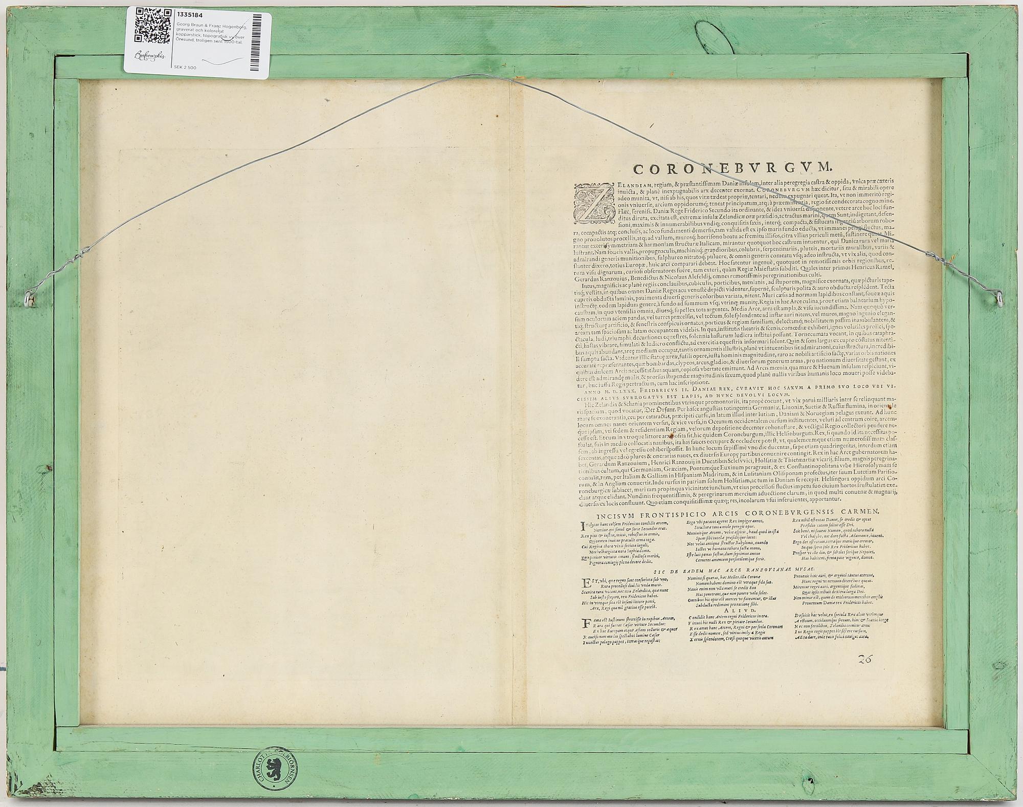Georg Braun & Franz Hogenberg, a coloured engraving, a topographic view over Öresund, presumably late 16th century.