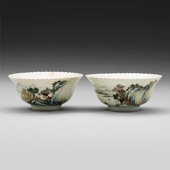 A set of two famille rose bowls. Republic, early 20th century, with Guangxus six character mark.