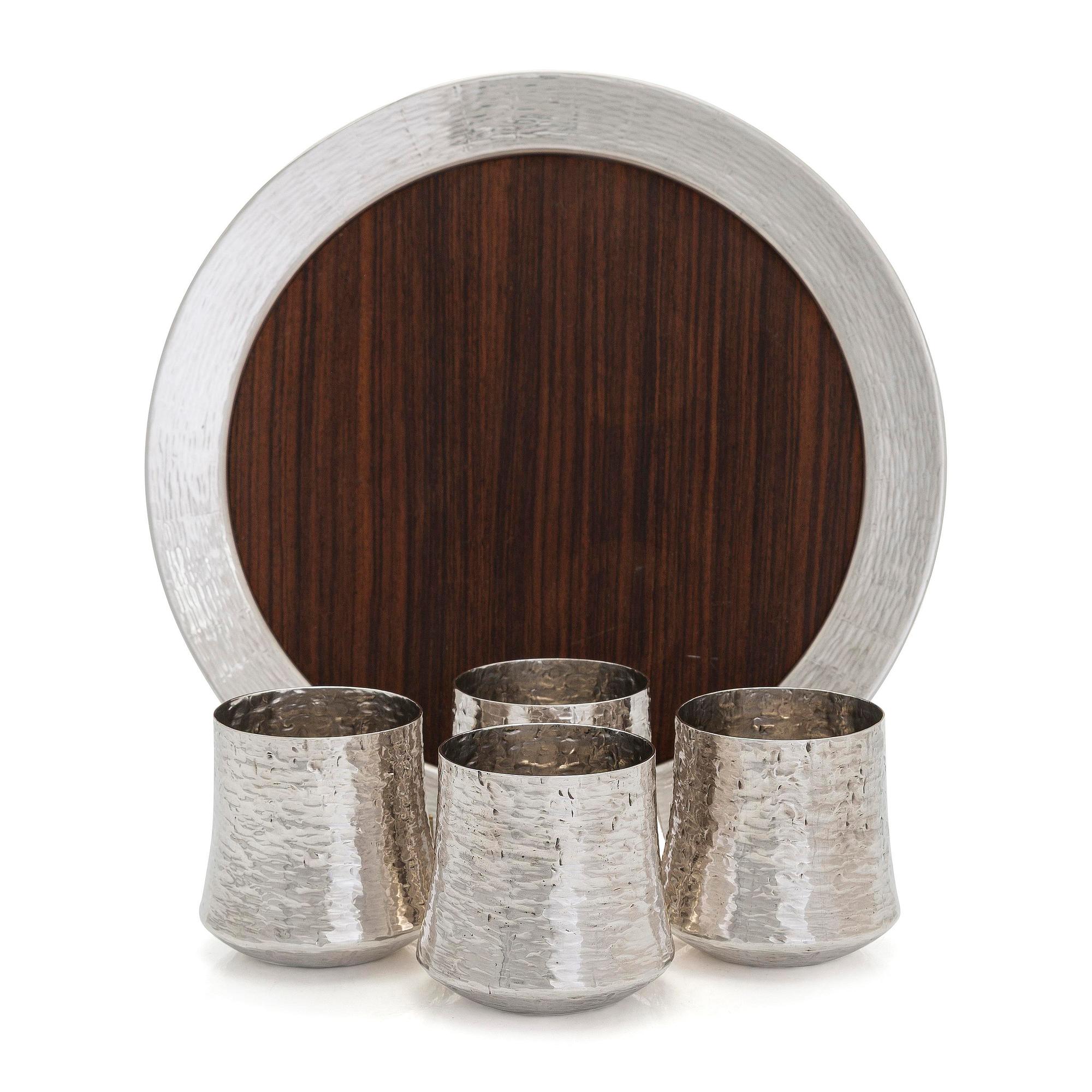 Tapio Wirkkala, four silver beakers, and a rosewood and sterling silver tray, Kultakeskus, Hämeenlinna 1973-74.