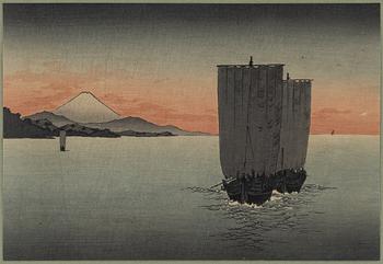 Shoda Koho, three colour woodblock prints, Japan, 20th century.