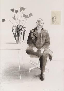 128. David Hockney, "Henry seated with tulips".