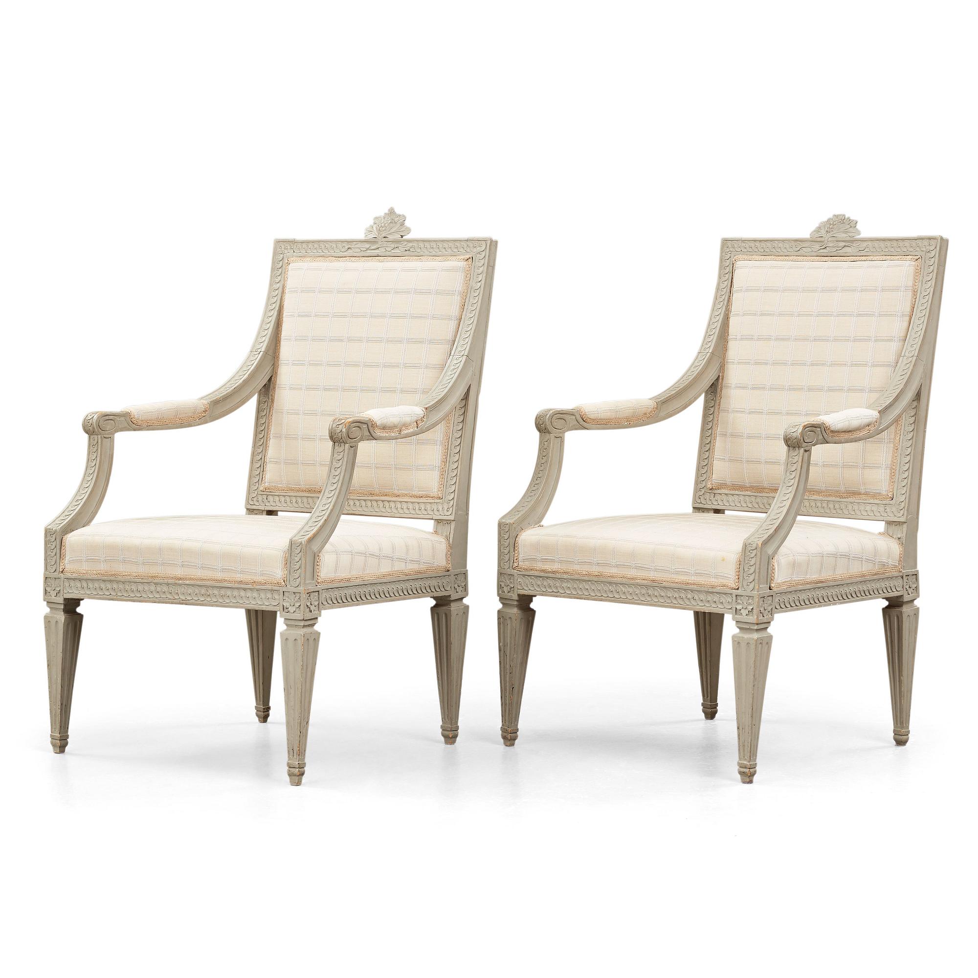 A pair of Gustavian late 18th century armchairs by Johan Erik Höglander (master in Stockholm 1777).