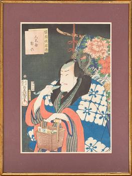 TRÄSNITT, 2 st, Japan. Kunisada resp Kunichika Toyohara. 1800-tal.