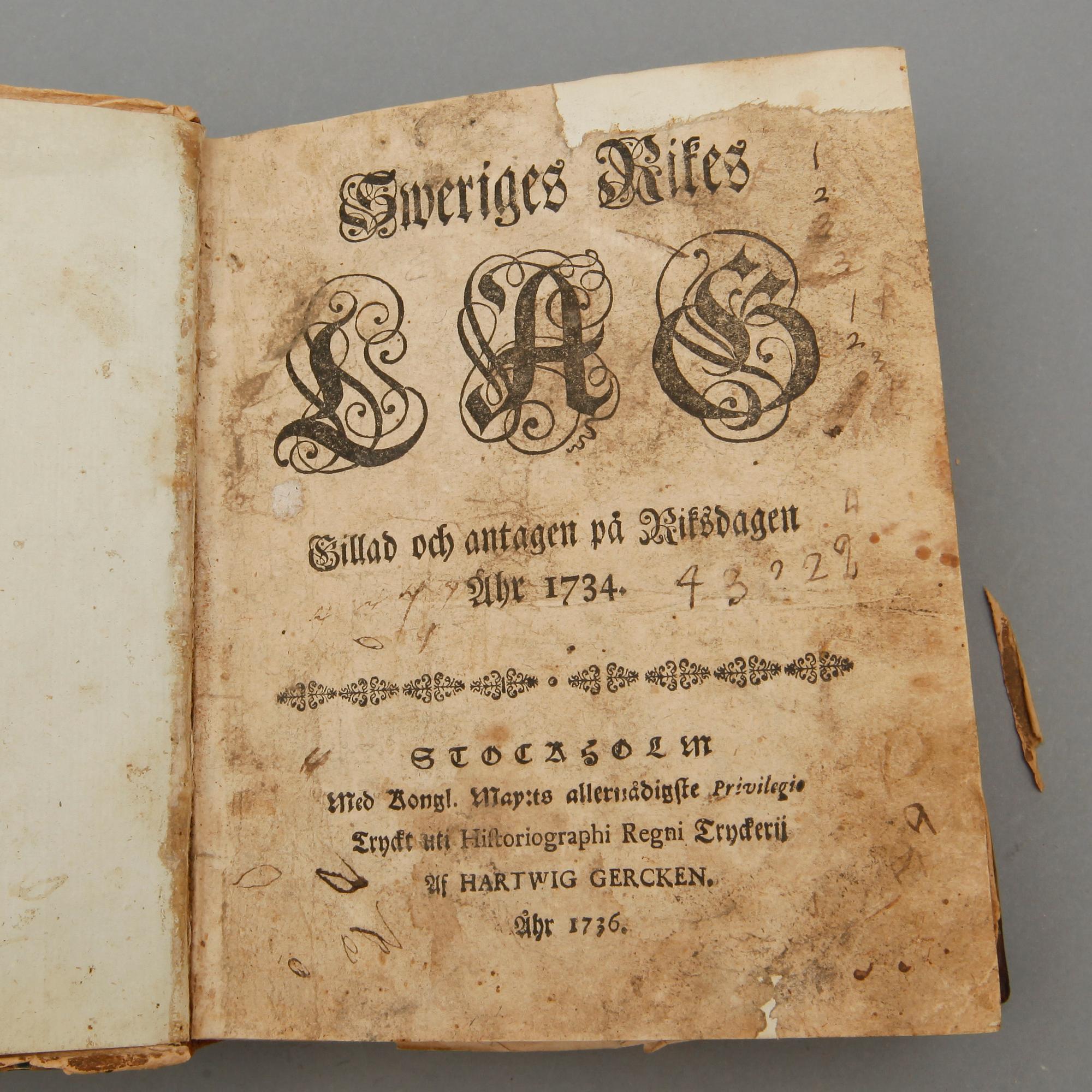 SVERIGE RIKES LAG 1734, Stockholm 1736.