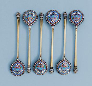 A SET OF SIX RUSSIAN SILVER AND ENAMEL TEA-SPOONS, makers mark of Ivan Chlebnikov, Moscow 1880's.