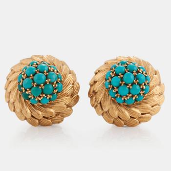 A PAIR OF EARRINGS set with turquoises.