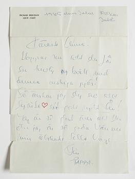 LETTER from Ingmar Bergman to his daughter Anna, dated "1985 innan Julen. Fröken Julie". Envelope enclosed.