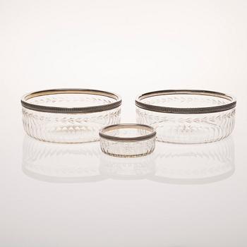 SKÅLAR, 3 st, silver och glas, Wolfers Frères Workshop, Belgien före 1942.