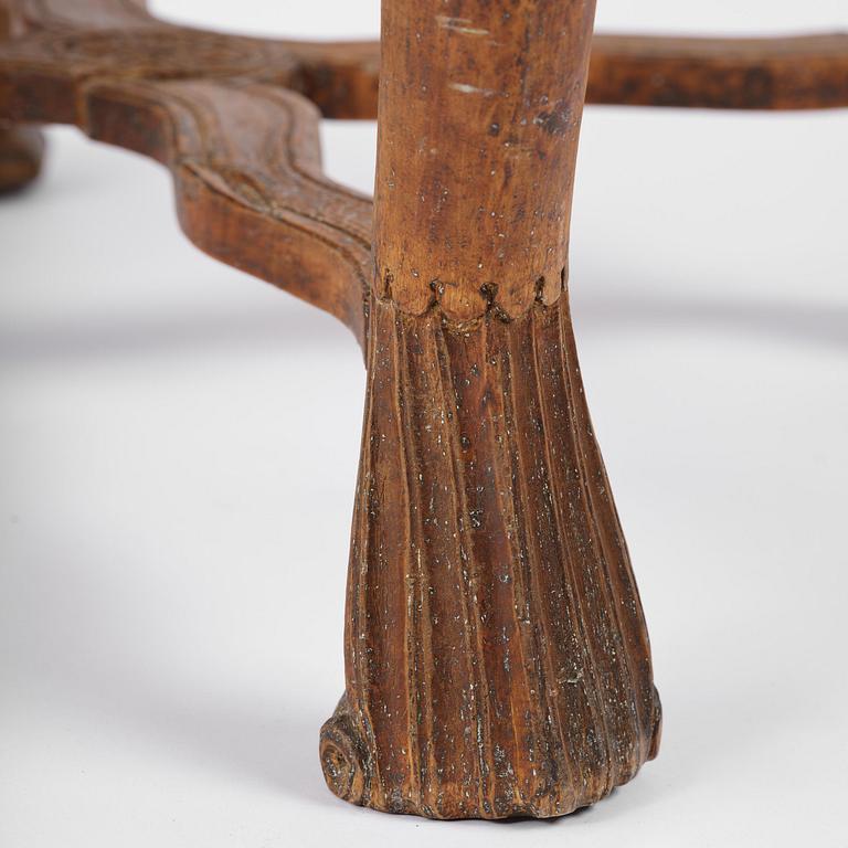 A pair of carved stools in the manner of Jonas Granberg, Jämtland, Sweden, mid 18th century.