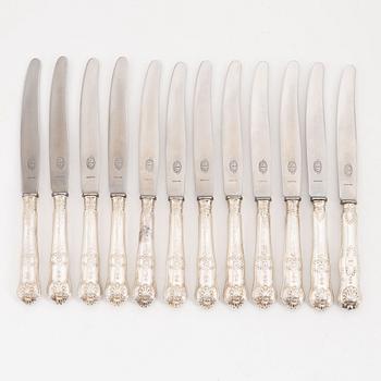 Twelve Swedish silver table knives, most with mark of Jakob S Lundberg, Stockholm 1845.