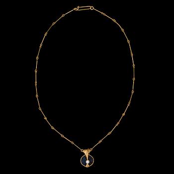 BJÖRN WECKSTRÖM, a pendant "Pearl bridge", 14K gold, spectrolite, cultured pearls. Lapponia 1976.