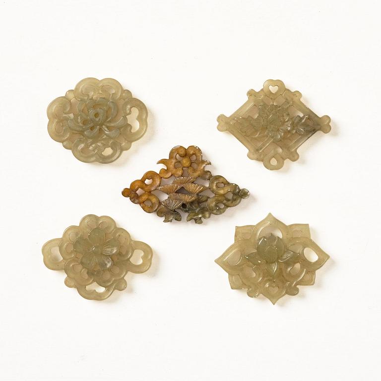 Plaketter, fem stycken, nefrit. Qingdynastin.
