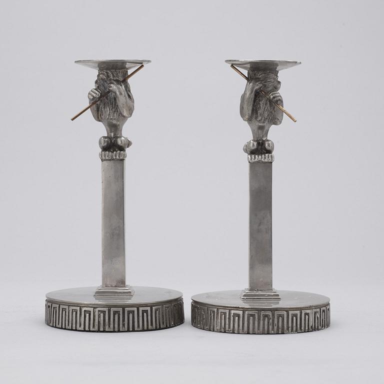 A pair of Anna Petrus pewter and brass candlesticks, Herman Bergman Konstgjuteri Stockholm ca 1923-25.
