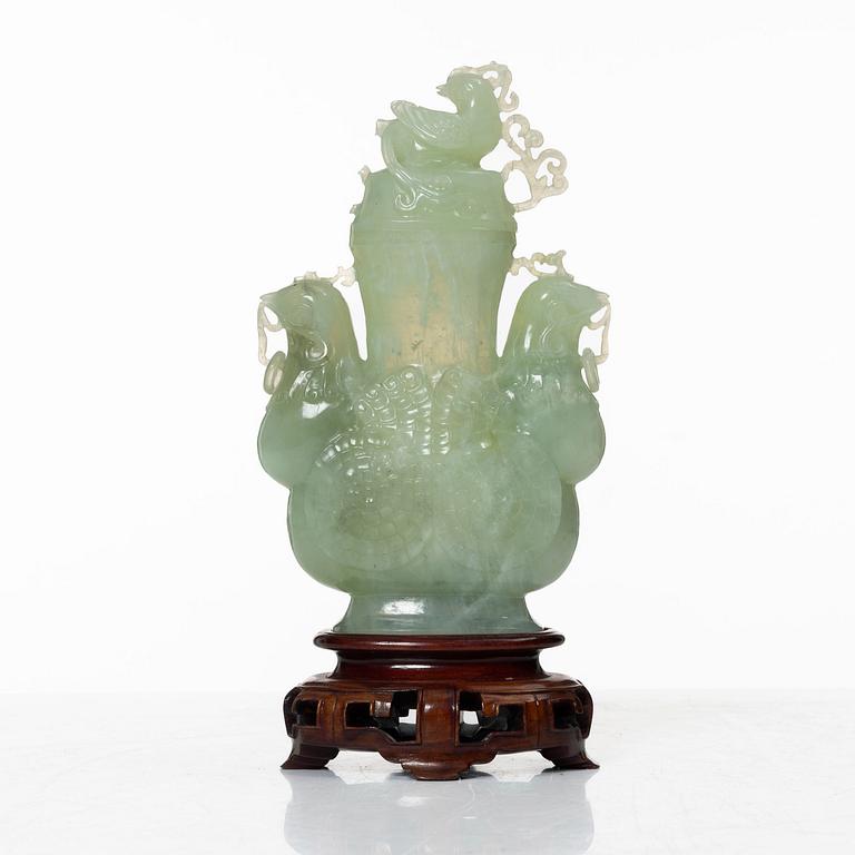 A Chinese urn with cover / censer, green stone, 20th century.