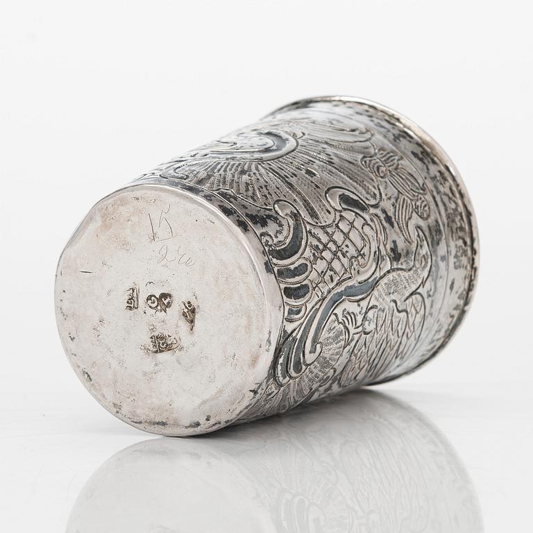 An 18th-century Russian silver beaker, Moscow 1764. Unidentified master. Alderman Fedor Petrov.