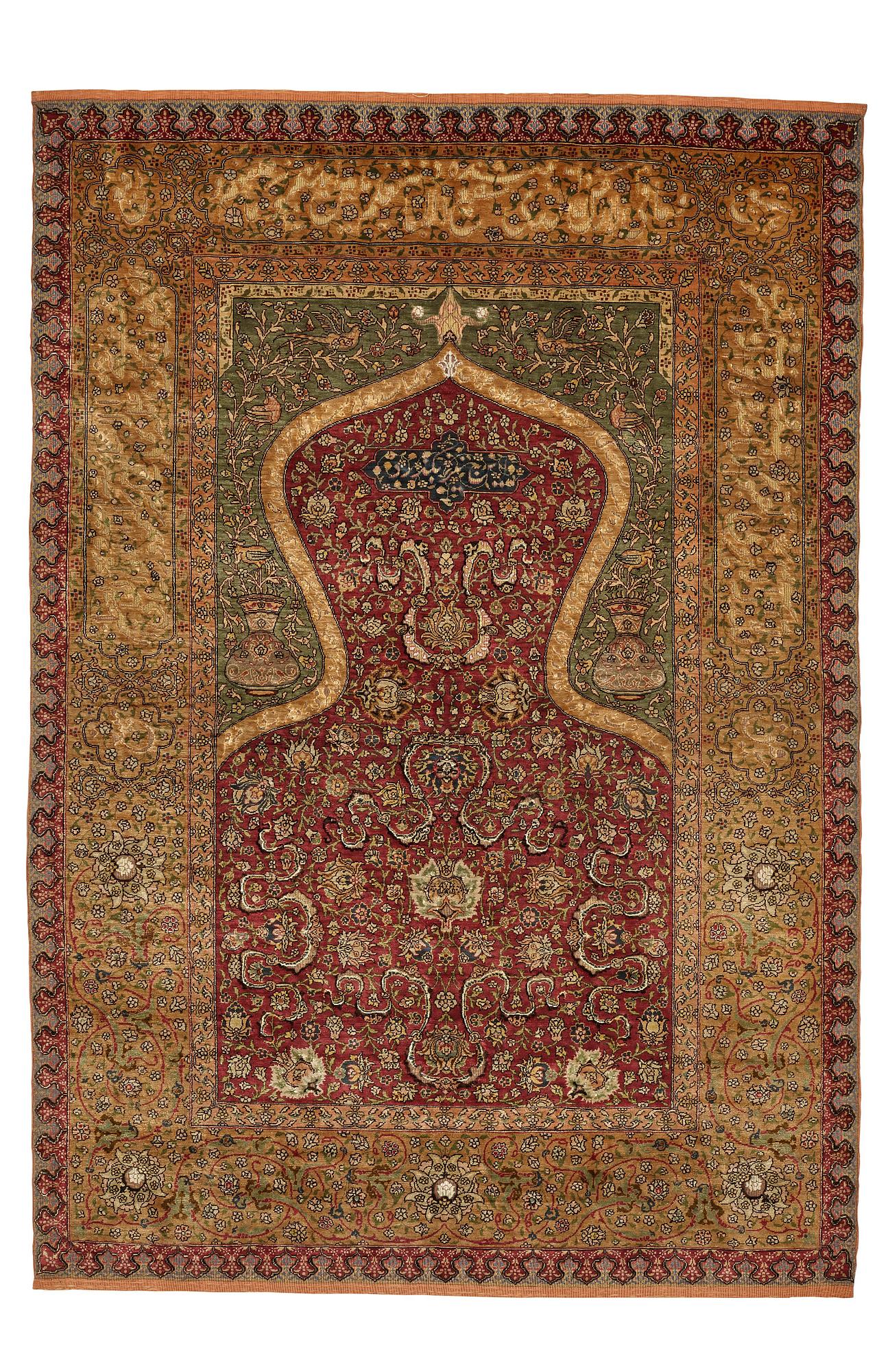 Matta, antik silke Kum Kapi med metallbroschering, Istanbul omkring 1910, "Sultan's Head Prayer" design.