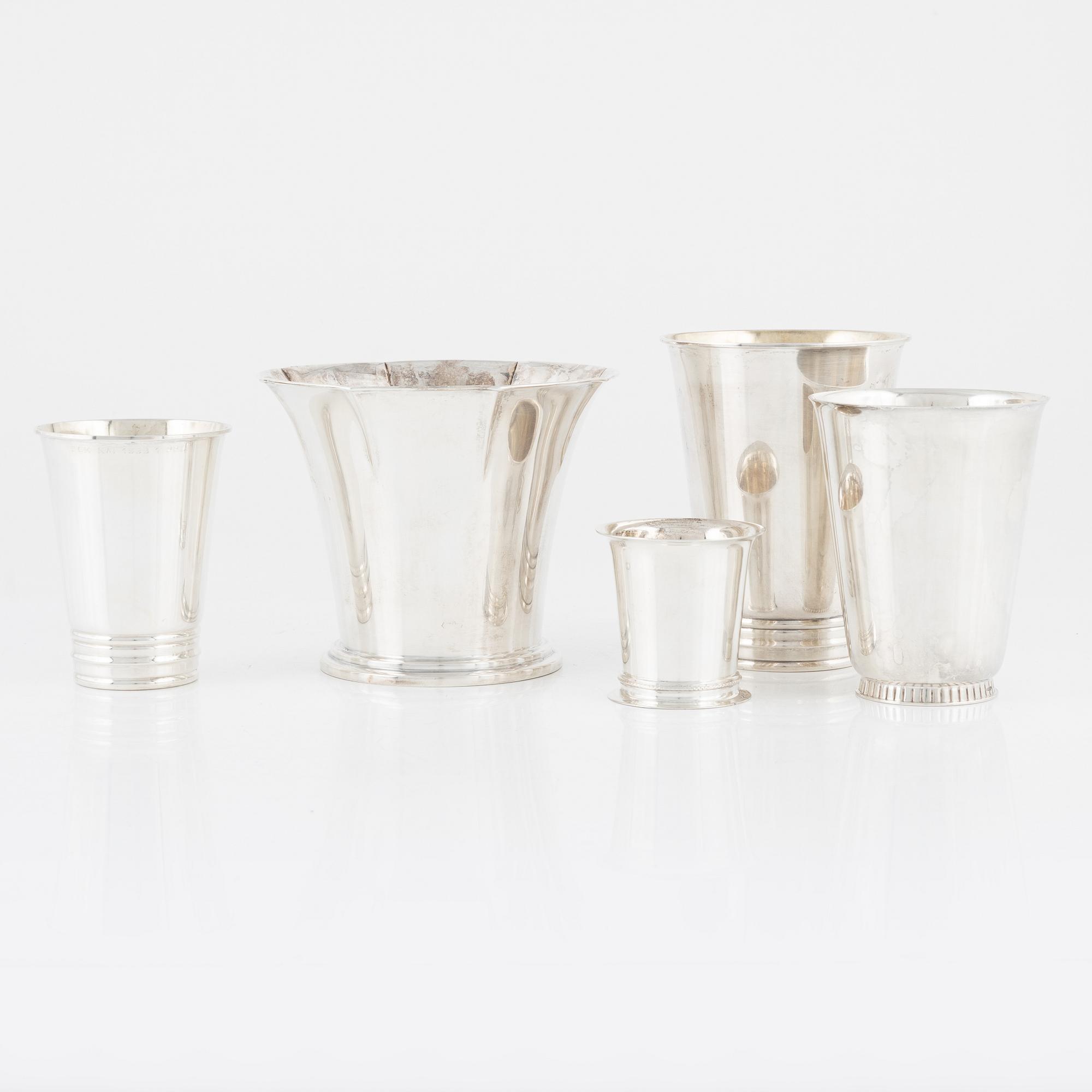 Bägare, 5 st, silver, bl.a. GAB, Stockholm, 1968.