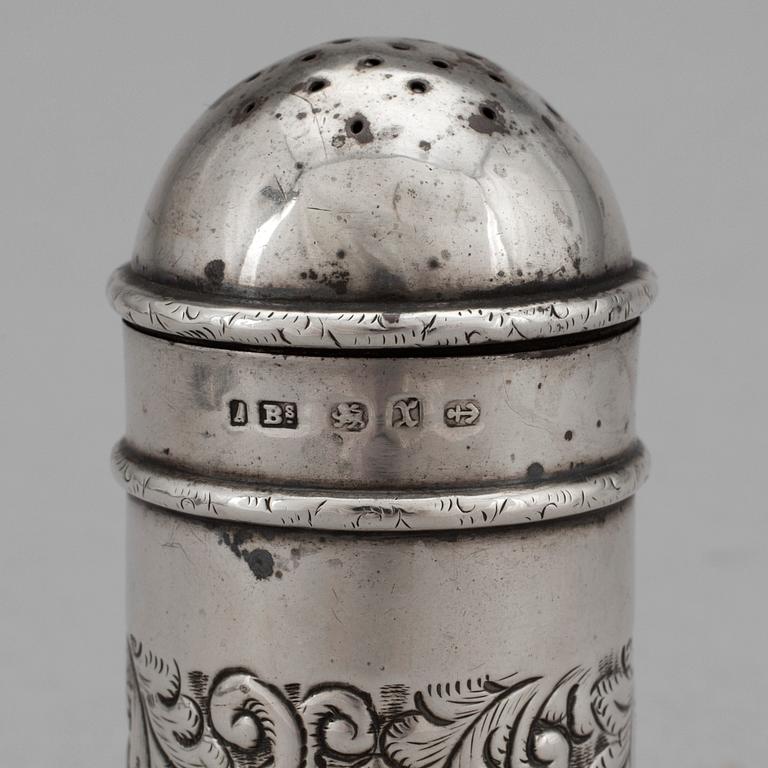 A Victorian silver salt shaker marked Birmingham 1897 and a collection of silver (3) and plate (9) flatware.