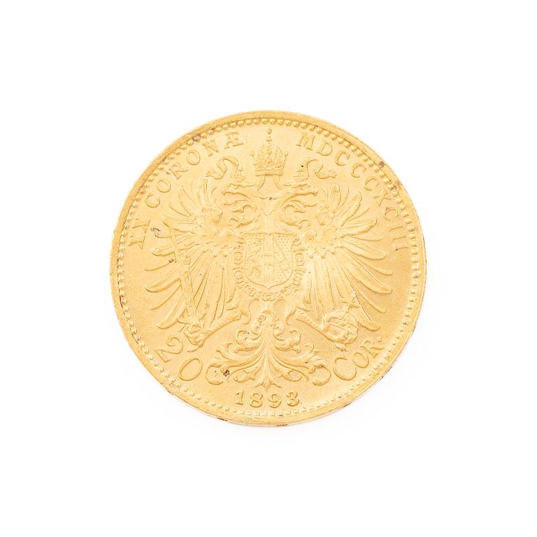 Gold coin, Austria-Hungary, 20 Corona, 1893.