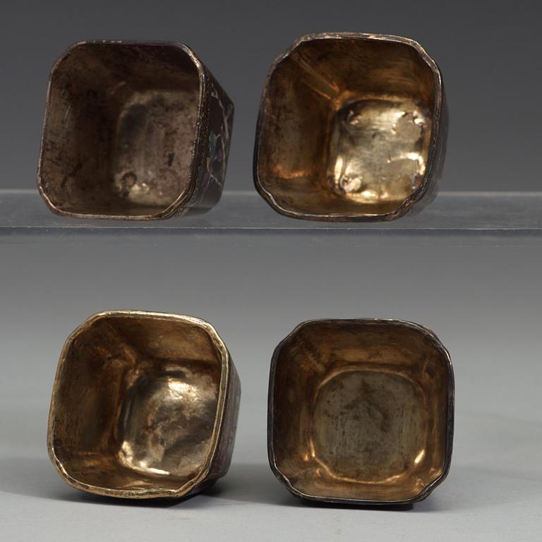 A set of four 'lac-burgauté cups, Qing dynasty, 18th Century.