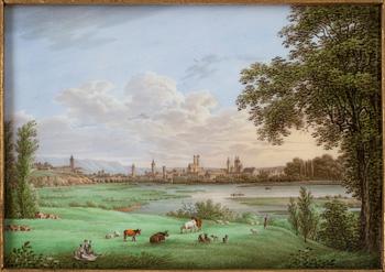 A finely painted porcelain plaque, Germany, first half of 19th Century. A view over München from the Oberföhring side.