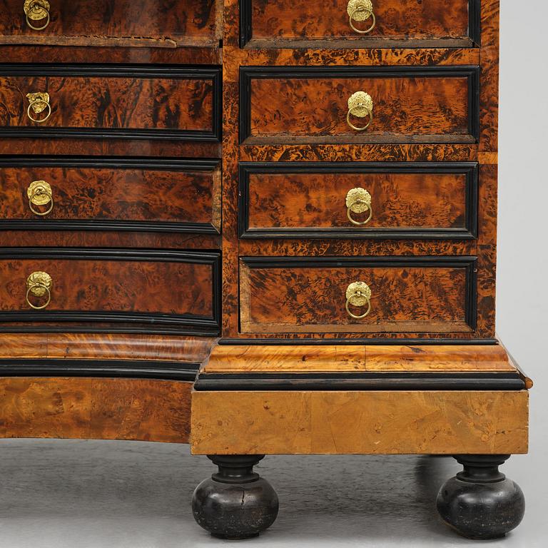 A Swedish burr-elm late baroque writing cabinet, first part 18th century.