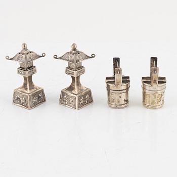 A set of two silver dishes, and four silver salts, 20th Century.