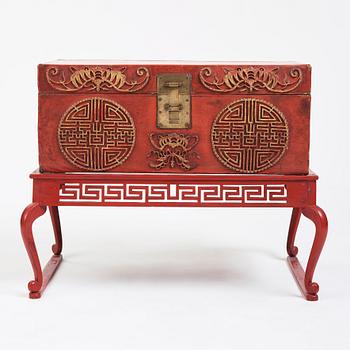 A red lacquered chest on a later stand, late Qing dynasty, 19th Century.