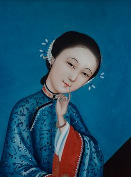 A Chinese reverse glass painting of a lady, Qing dynasty, 19th Century.