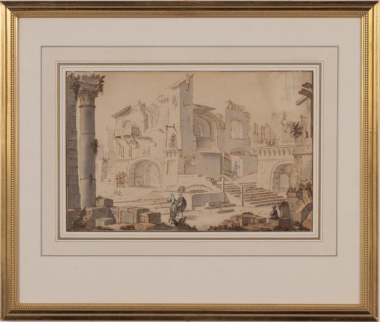 Unknown artist, 18th century, Ruin landscape with figures.
