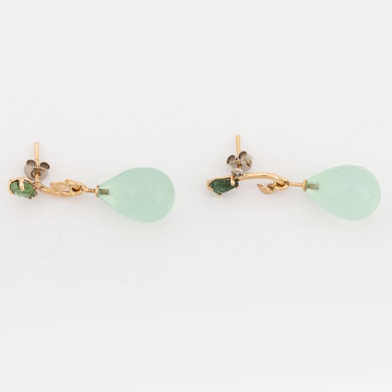 Mintgreen coloured agate, carved tourmaline and diamond earrings.