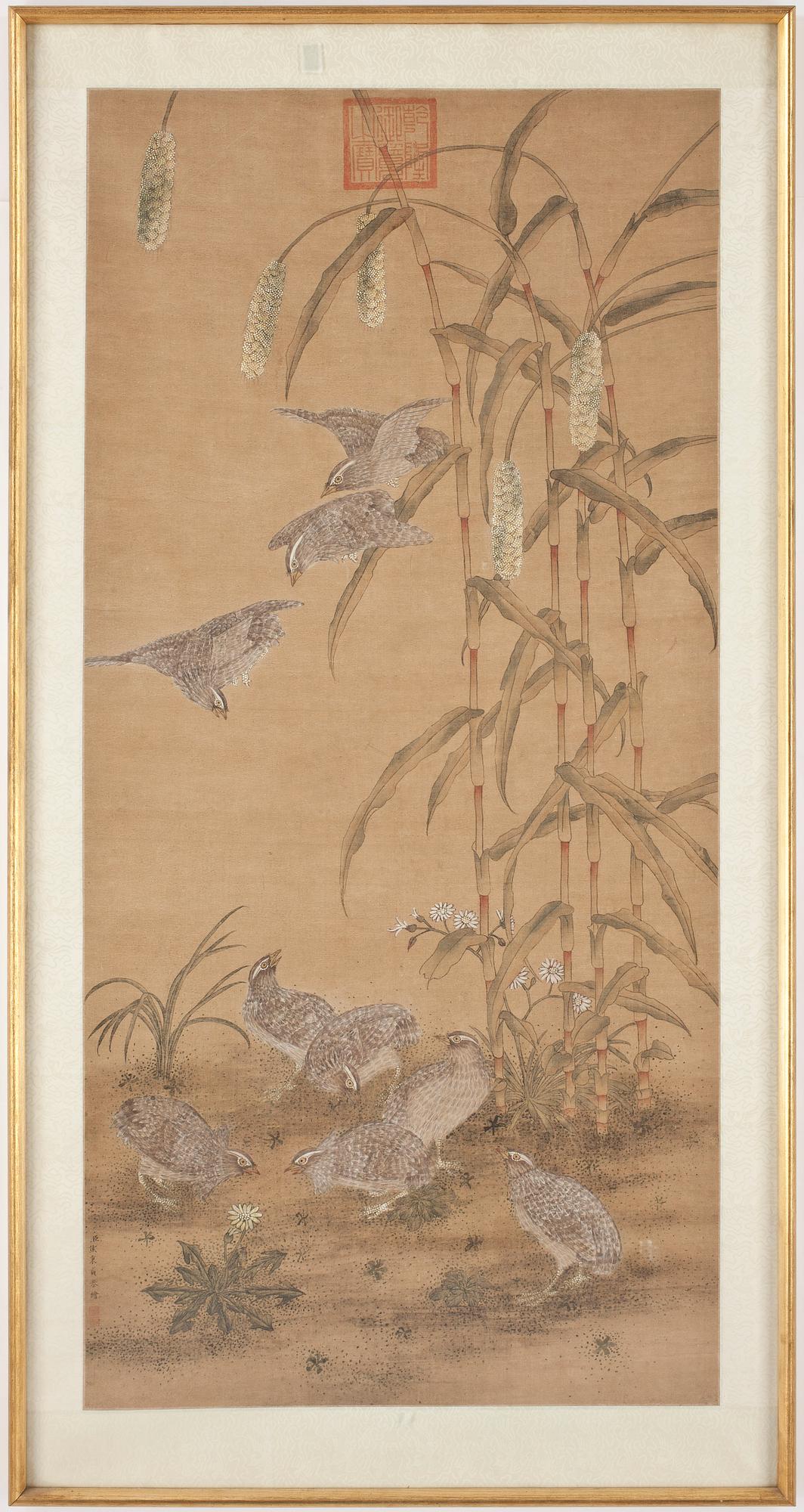 LANG SHIH-NING, efter, bladteknik på textil, siglillstämplad.