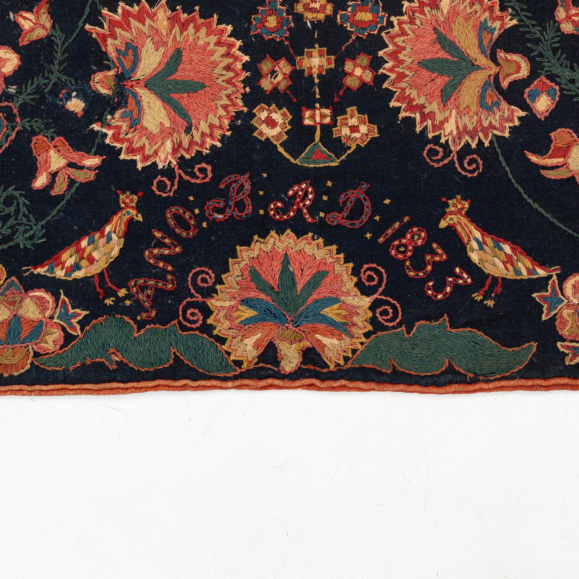 Åkdyna, broderad, ca 102 x 77 cm, signerad och daterad ANO BRD 1833, Skåne.